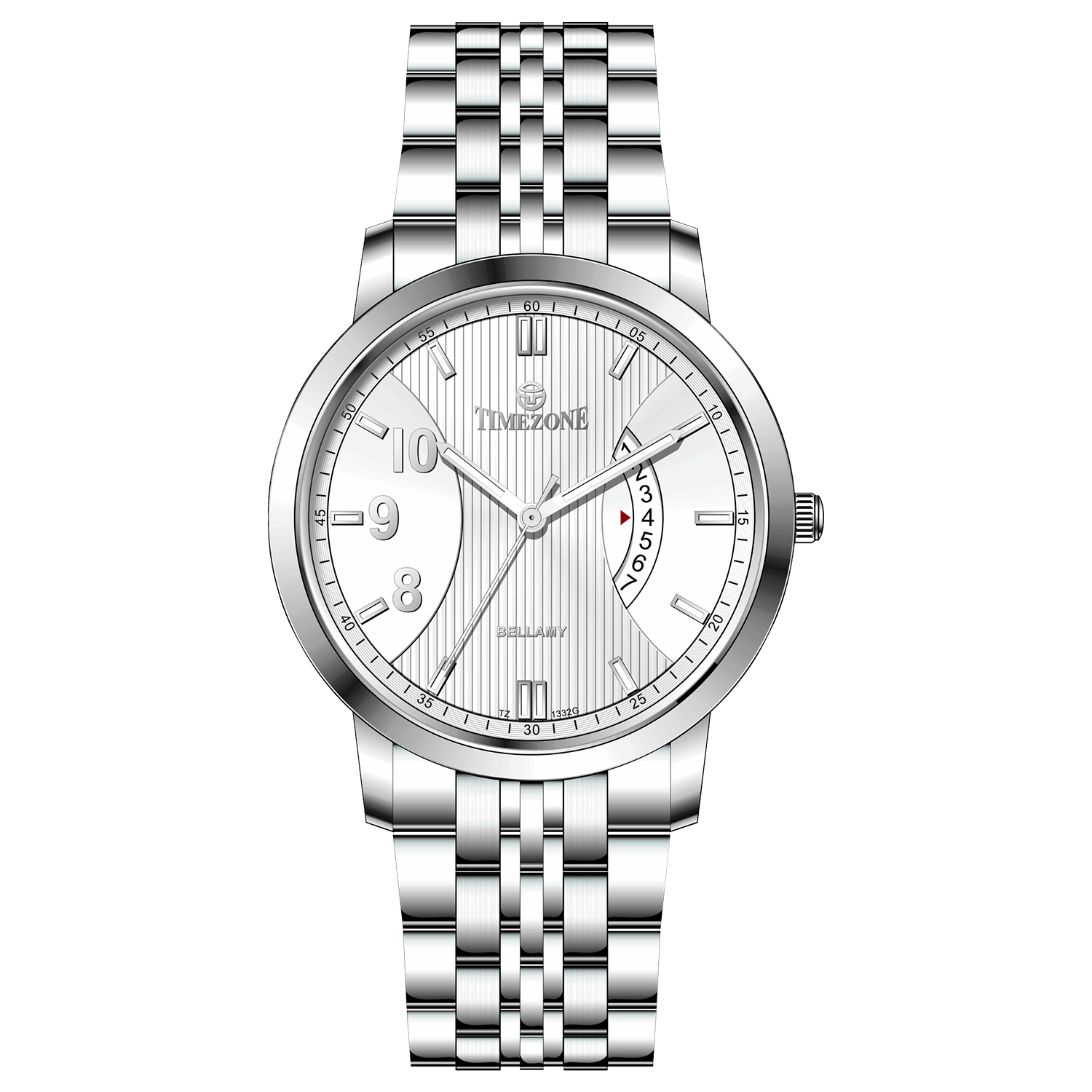 A silver TIMEZONE watch with a stainless steel band and pearl dial surrounded by a silver case and a silver chain. Discover timezone watches: elegant branded wrist watches for men in pakistan.