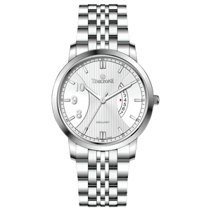 A silver TIMEZONE watch with a stainless steel band and pearl dial surrounded by a silver case and a silver chain. Discover timezone watches: elegant branded wrist watches for men in pakistan.