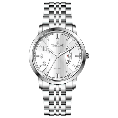 A silver TIMEZONE watch with a stainless steel band and pearl dial surrounded by a silver case and a silver chain. Discover timezone watches: elegant branded wrist watches for men in pakistan.