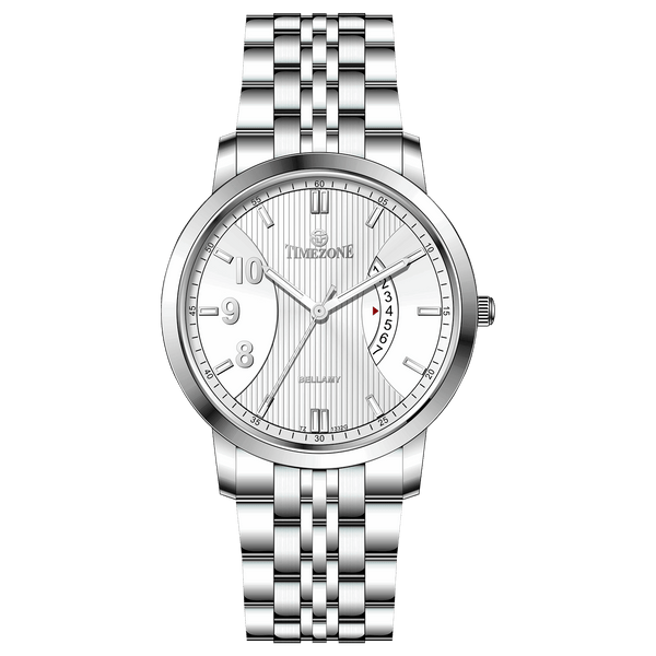 A silver TIMEZONE watch with a stainless steel band and pearl dial surrounded by a silver case and a silver chain. Discover timezone watches: elegant branded wrist watches for men in pakistan.