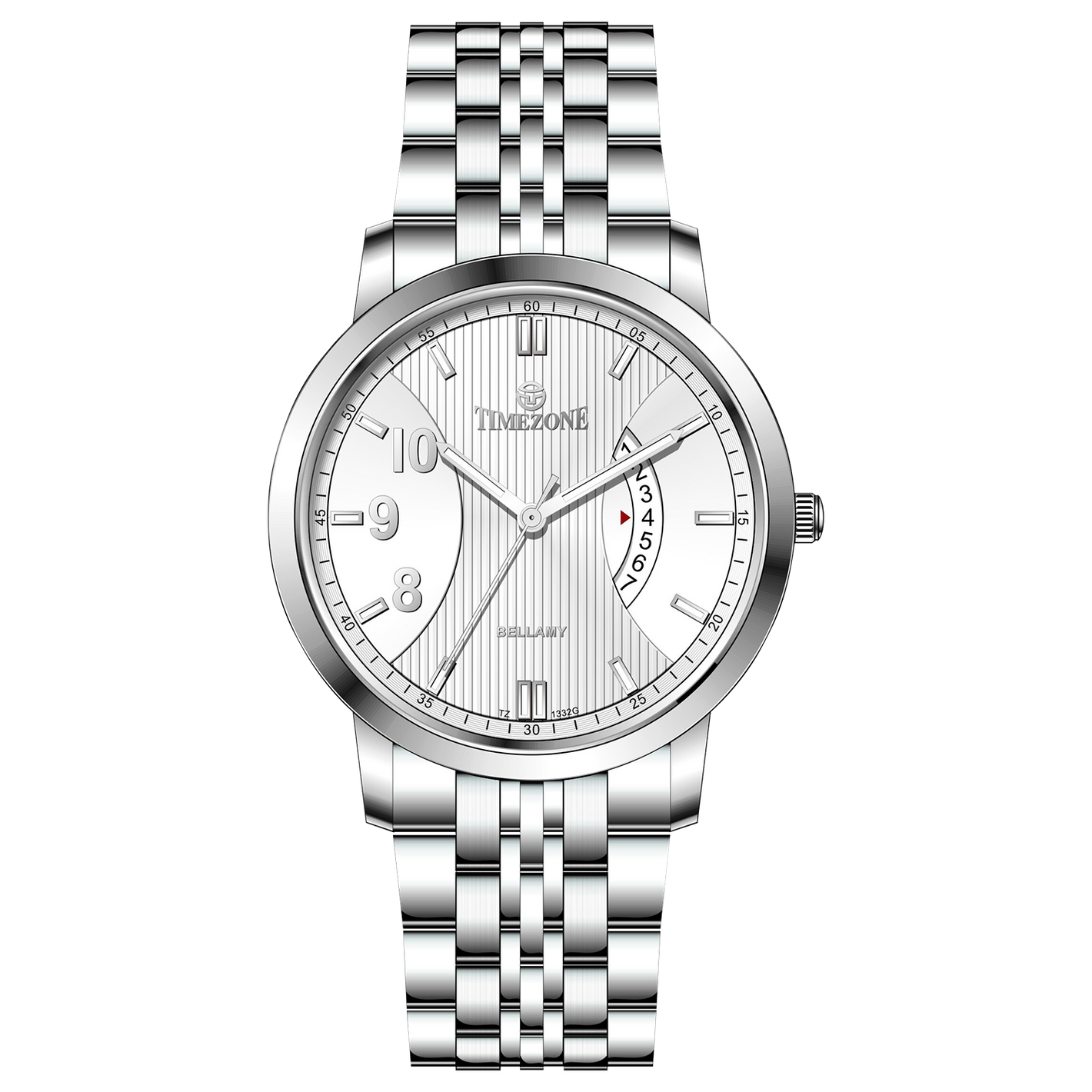 A silver TIMEZONE watch with a stainless steel band and pearl dial surrounded by a silver case and a silver chain. Discover timezone watches: elegant branded wrist watches for men in pakistan.