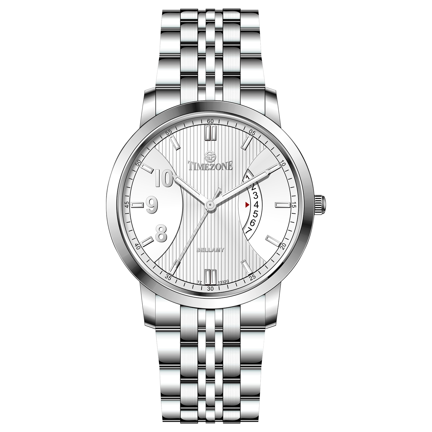 A silver TIMEZONE watch with a stainless steel band and pearl dial surrounded by a silver case and a silver chain. Discover timezone watches: elegant branded wrist watches for men in pakistan.