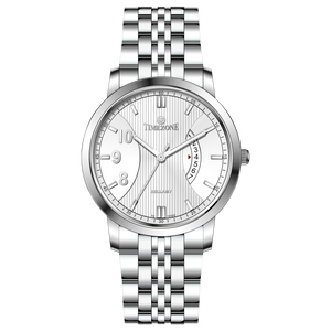 A silver TIMEZONE watch with a stainless steel band and pearl dial surrounded by a silver case and a silver chain. Discover timezone watches: elegant branded wrist watches for men in pakistan.
