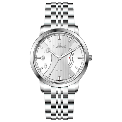 A silver TIMEZONE watch with a stainless steel band and pearl dial surrounded by a silver case and a silver chain. Discover timezone watches: elegant branded wrist watches for men in pakistan.