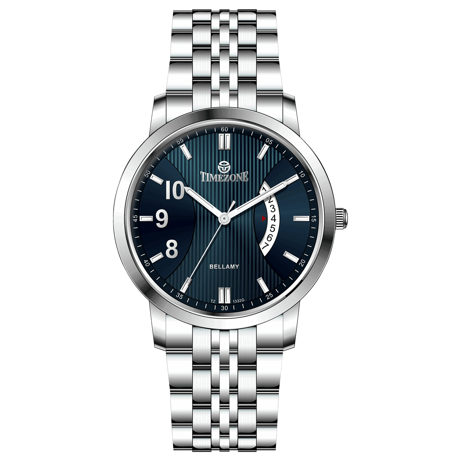 A silver TIMEZONE watch with a stainless steel band and dial surrounded by a silver case and a silver chain. Discover timezone watches: elegant branded wrist watches for men in pakistan.