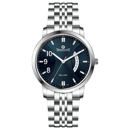 A silver TIMEZONE watch with a stainless steel band and dial surrounded by a silver case and a silver chain. Discover timezone watches: elegant branded wrist watches for men in pakistan.