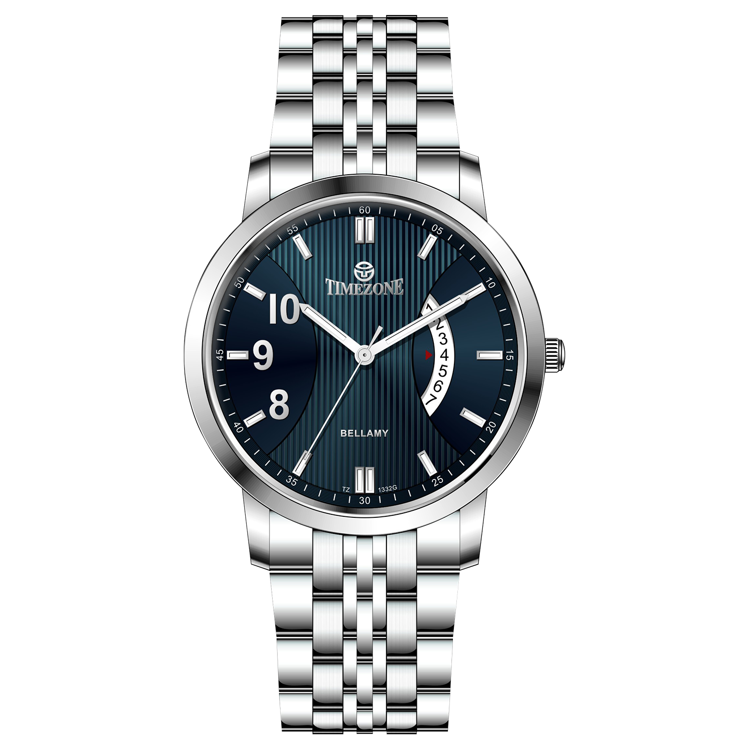 A silver TIMEZONE watch with a stainless steel band and dial surrounded by a silver case and a silver chain. Discover timezone watches: elegant branded wrist watches for men in pakistan.