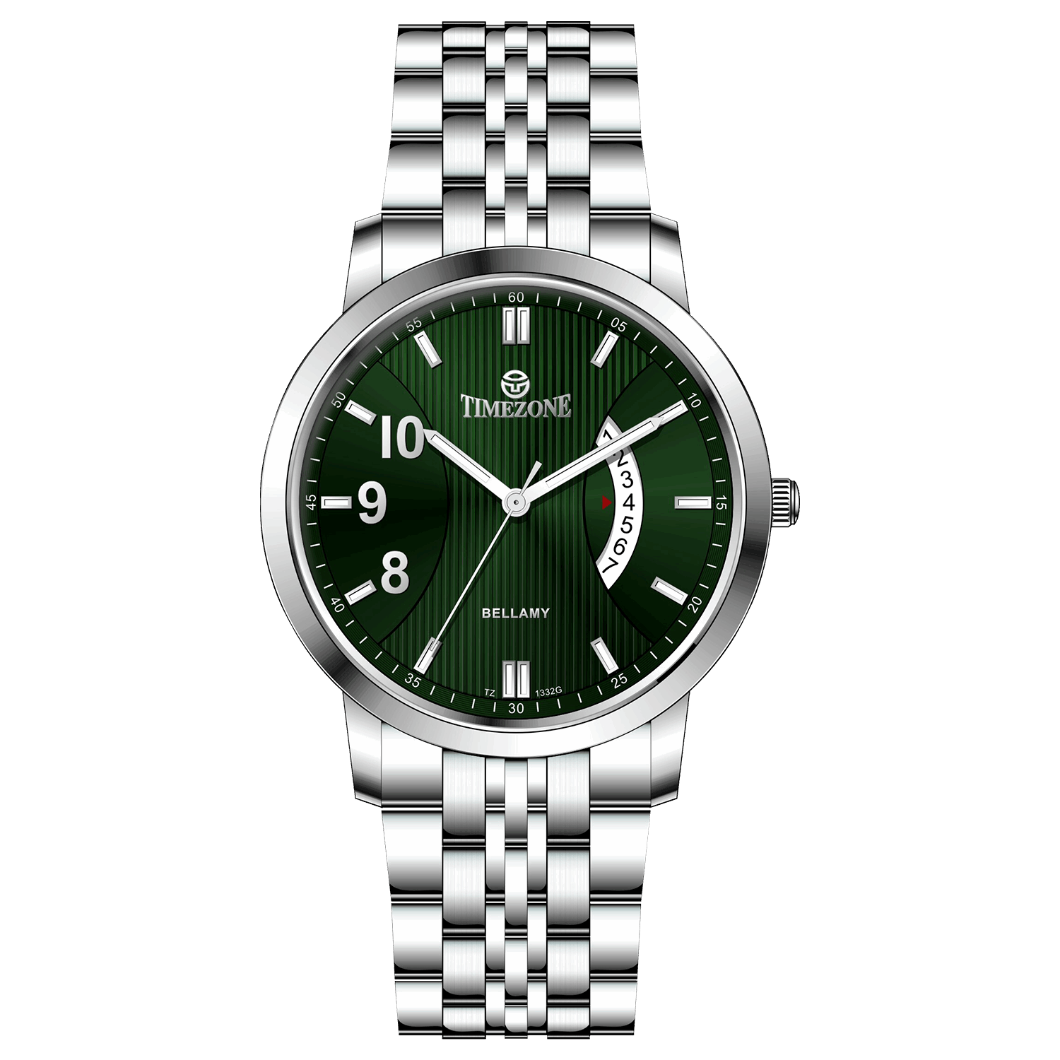 A silver TIMEZONE watch with a stainless steel band and pearl dial surrounded by a silver case and a silver bracelet. Discover timezone watches: elegant branded wrist watches for men in pakistan.