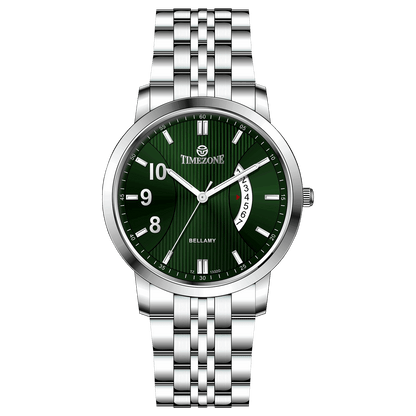 A silver TIMEZONE watch with a stainless steel band and pearl dial surrounded by a silver case and a silver bracelet. Discover timezone watches: elegant branded wrist watches for men in pakistan.