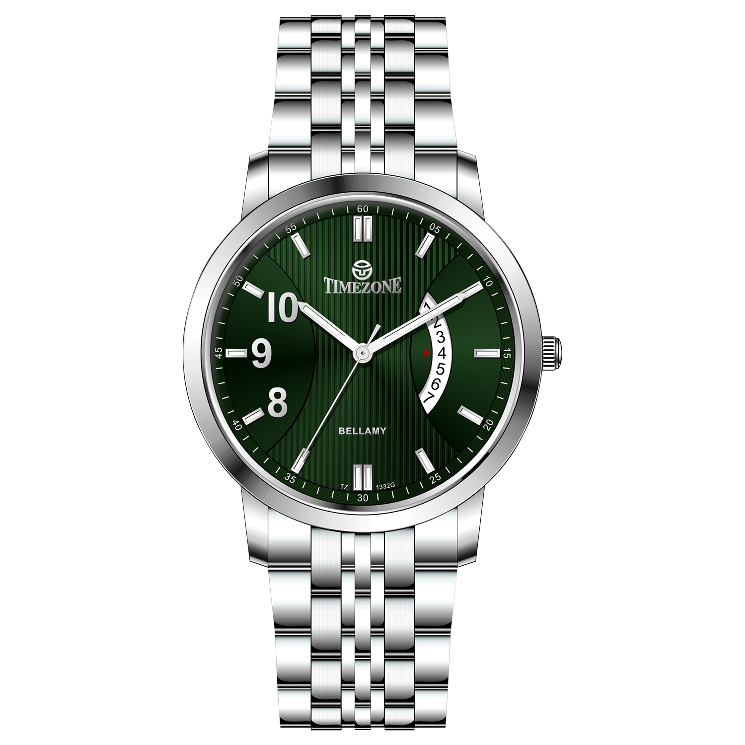 A silver TIMEZONE watch with a stainless steel band and pearl dial surrounded by a silver case and a silver bracelet. Discover timezone watches: elegant branded wrist watches for men in pakistan.
