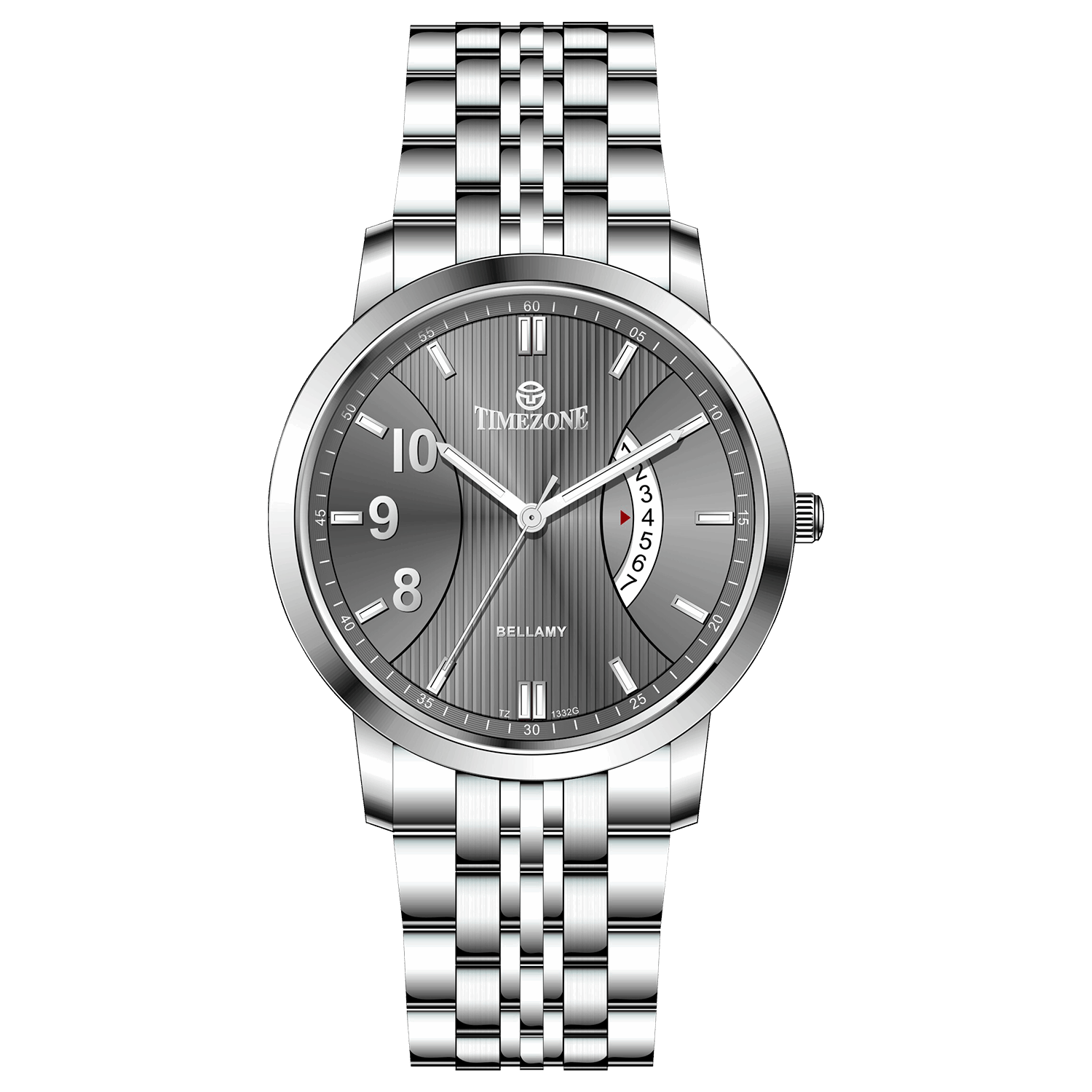 A silver TIMEZONE watch with a stainless steel band and pearl dial surrounded by a silver case and a silver chain. Discover timezone watches: elegant branded wrist watches for men in pakistan.