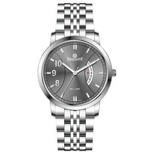 A silver TIMEZONE watch with a stainless steel band and pearl dial surrounded by a silver case and a silver chain. Discover timezone watches: elegant branded wrist watches for men in pakistan.