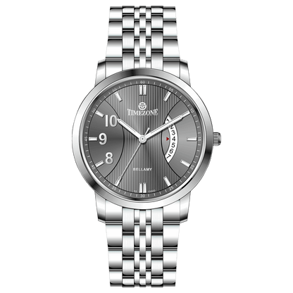 A silver TIMEZONE watch with a stainless steel band and pearl dial surrounded by a silver case and a silver chain. Discover timezone watches: elegant branded wrist watches for men in pakistan.