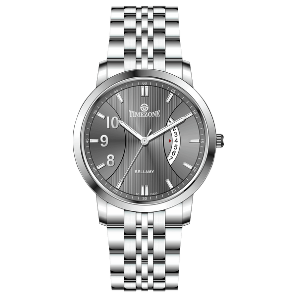 A silver TIMEZONE watch with a stainless steel band and pearl dial surrounded by a silver case and a silver chain. Discover timezone watches: elegant branded wrist watches for men in pakistan.