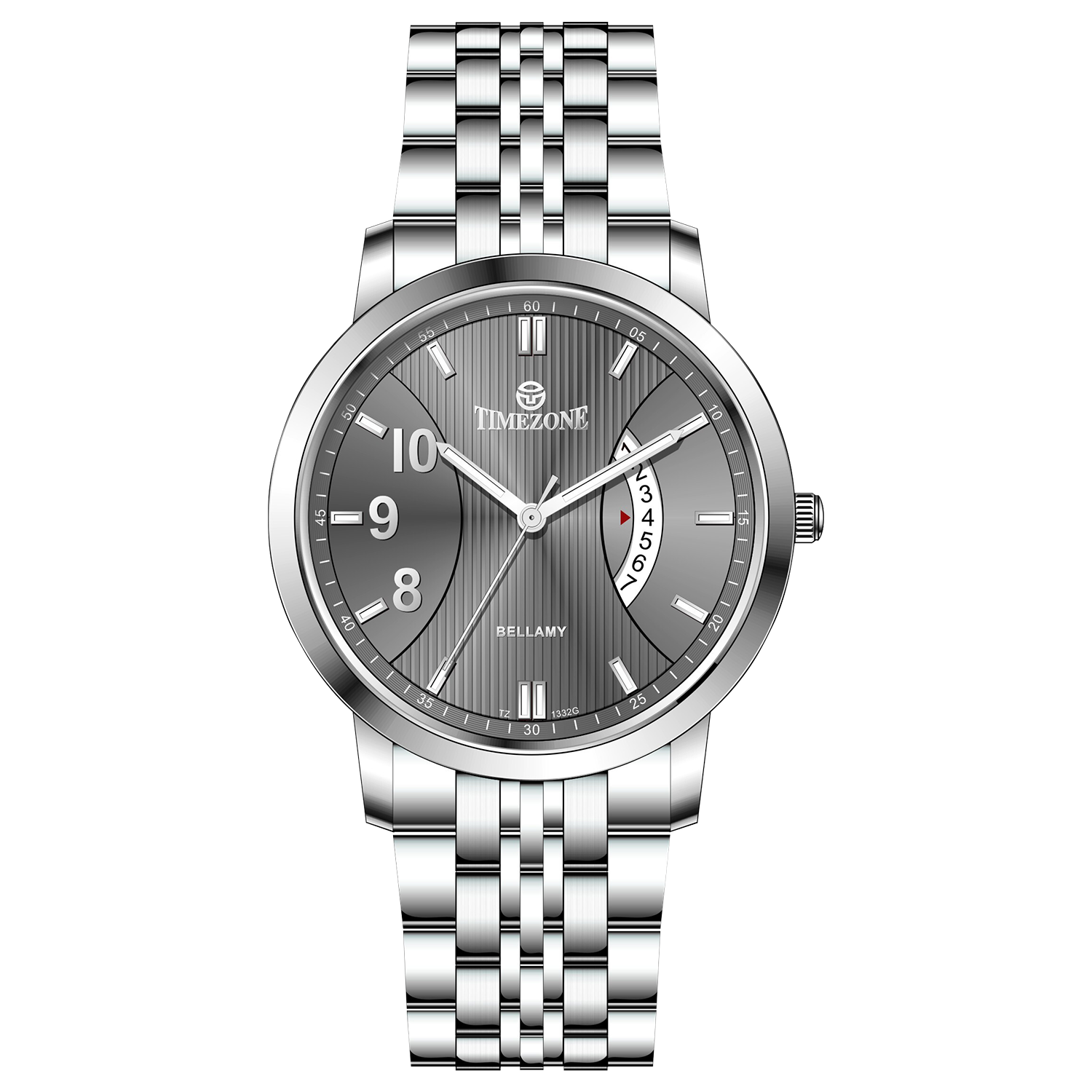 A silver TIMEZONE watch with a stainless steel band and pearl dial surrounded by a silver case and a silver chain. Discover timezone watches: elegant branded wrist watches for men in pakistan.