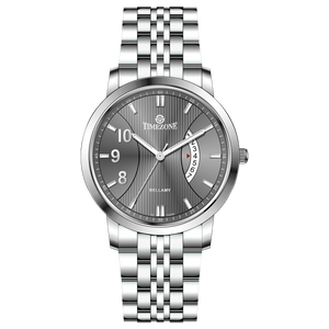 A silver TIMEZONE watch with a stainless steel band and pearl dial surrounded by a silver case and a silver chain. Discover timezone watches: elegant branded wrist watches for men in pakistan.