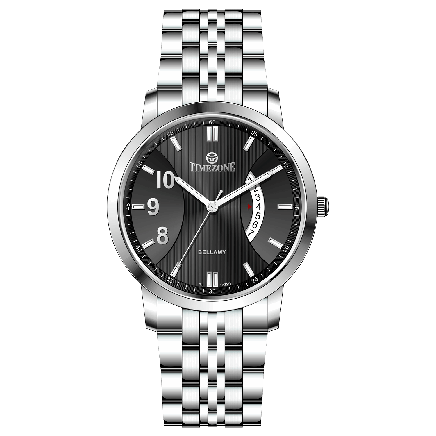 A silver TIMEZONE watch with a stainless steel band and dial surrounded by a silver case and a silver bracelet. Discover timezone watches: elegant branded wrist watches for men in pakistan.