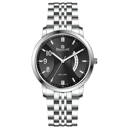 A silver TIMEZONE watch with a stainless steel band and dial surrounded by a silver case and a silver bracelet. Discover timezone watches: elegant branded wrist watches for men in pakistan.