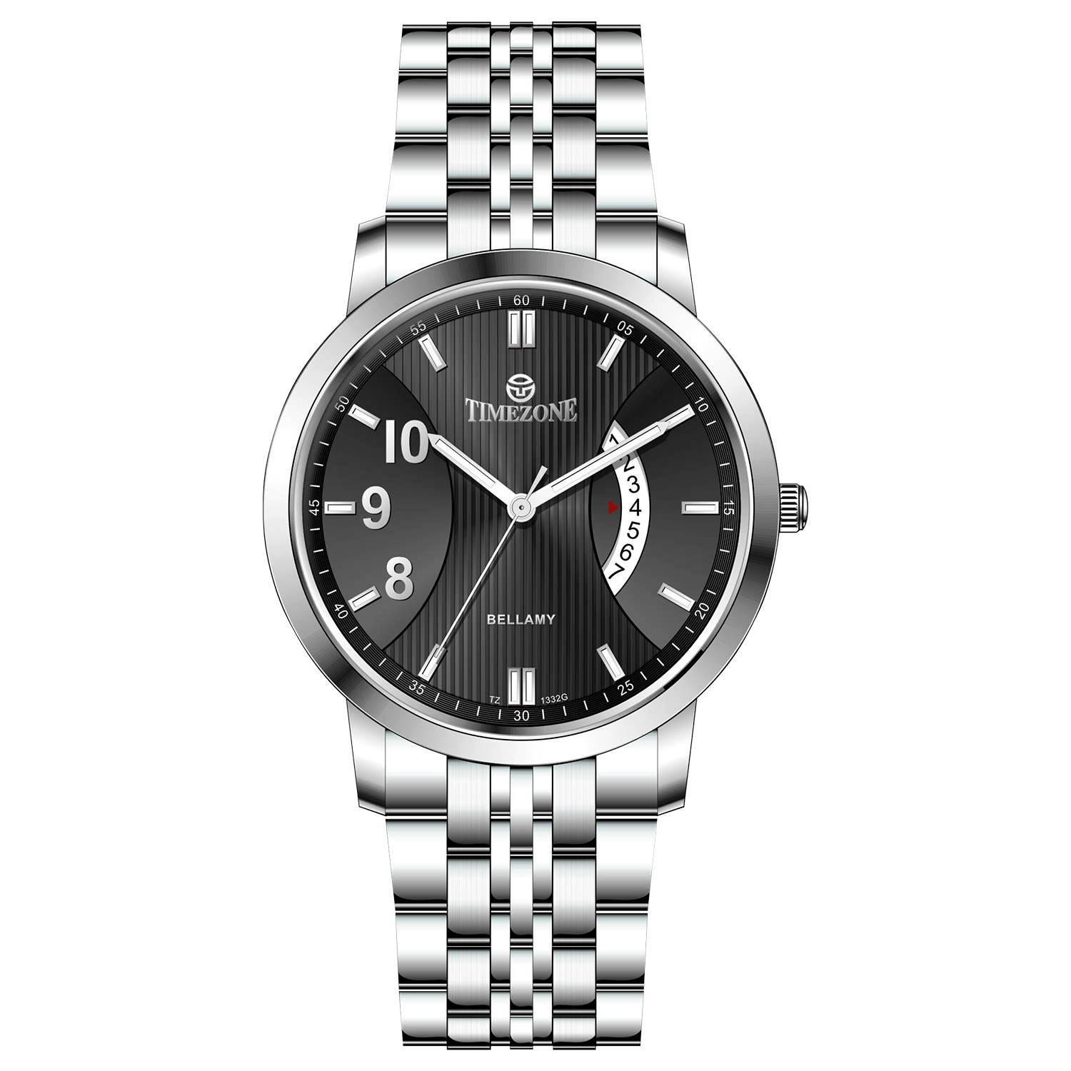 A silver TIMEZONE watch with a stainless steel band and dial surrounded by a silver case and a silver bracelet. Discover timezone watches: elegant branded wrist watches for men in pakistan.