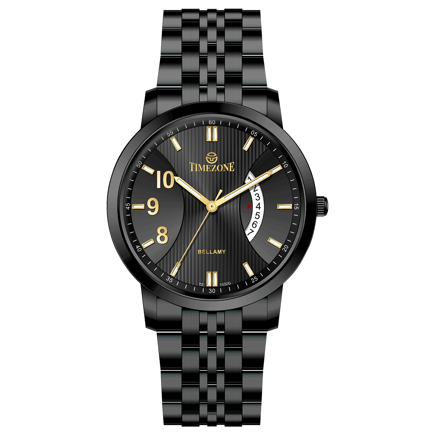 A TIMEZONE watch with a stainless steel band and a black dial featuring white hour markers and a date. Discover timezone watches: elegant branded wrist watches for men in pakistan.