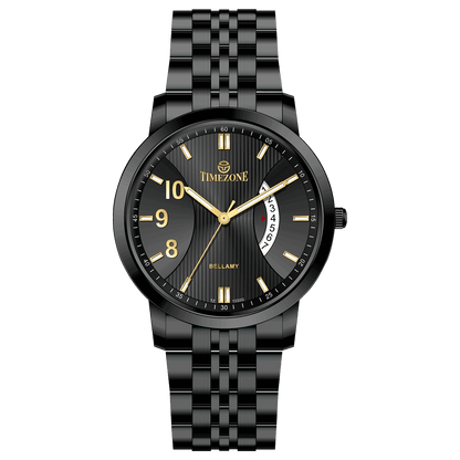 A TIMEZONE watch with a stainless steel band and a black dial featuring white hour markers and a date. Discover timezone watches: elegant branded wrist watches for men in pakistan.