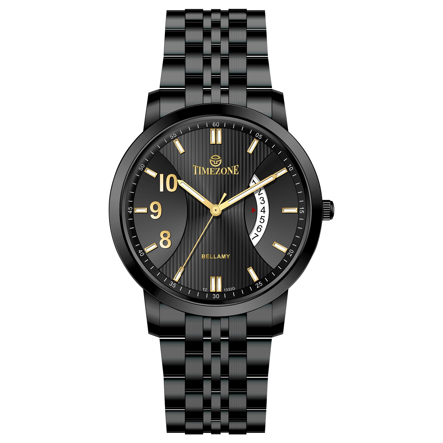 A TIMEZONE watch with a stainless steel band and a black dial featuring white hour markers and a date. Discover timezone watches: elegant branded wrist watches for men in pakistan.