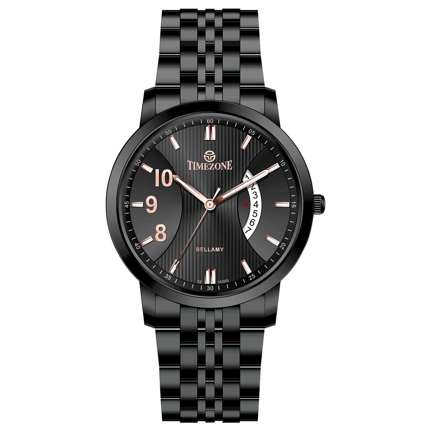 A TIMEZONE watch with a stainless steel band and a black dial featuring white hour markers and a date display. Discover timezone watches: elegant branded wrist watches for men in pakistan.