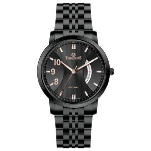 A TIMEZONE watch with a stainless steel band and a black dial featuring white hour markers and a date display. Discover timezone watches: elegant branded wrist watches for men in pakistan.