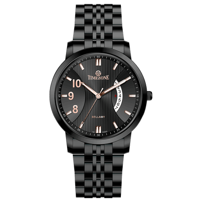 A TIMEZONE watch with a stainless steel band and a black dial featuring white hour markers and a date display. Discover timezone watches: elegant branded wrist watches for men in pakistan.