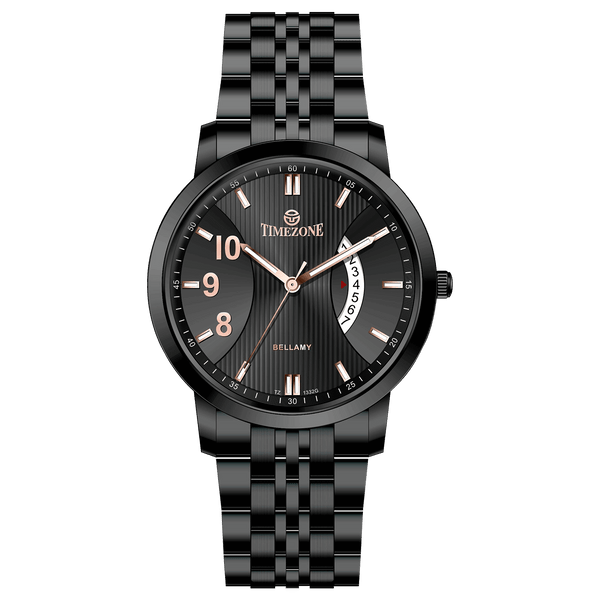 A TIMEZONE watch with a stainless steel band and a black dial featuring white hour markers and a date display. Discover timezone watches: elegant branded wrist watches for men in pakistan.