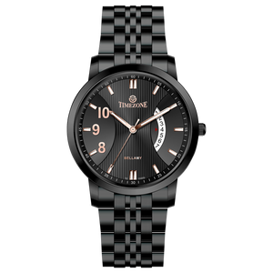 A TIMEZONE watch with a stainless steel band and a black dial featuring white hour markers and a date display. Discover timezone watches: elegant branded wrist watches for men in pakistan.