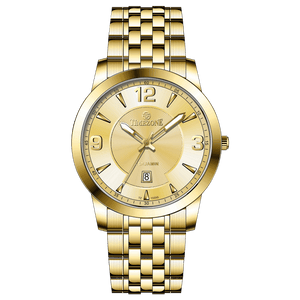 A silver-toned timezone watch with a gold stainless steel band and casing, featuring a analog display and a date function. Discover timezone watches: elegant branded wrist watches for men in pakistan