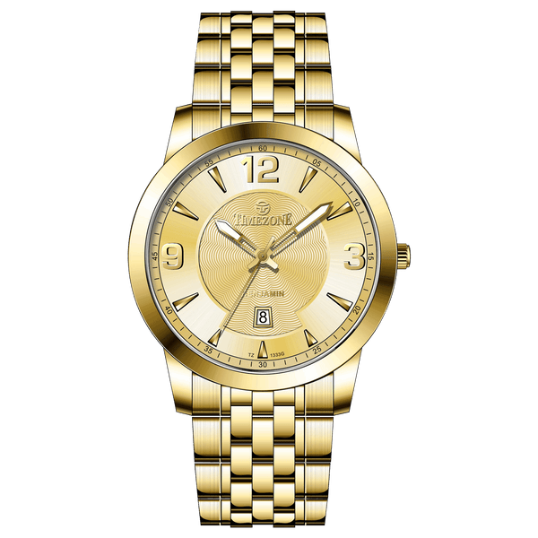 A silver-toned timezone watch with a gold stainless steel band and casing, featuring a analog display and a date function. Discover timezone watches: elegant branded wrist watches for men in pakistan