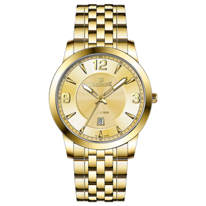 A silver-toned timezone watch with a gold stainless steel band and casing, featuring a analog display and a date function. Discover timezone watches: elegant branded wrist watches for men in pakistan