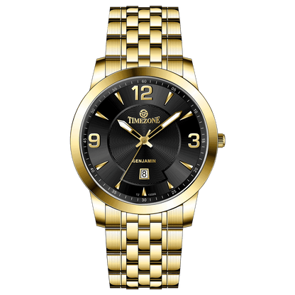 A silver-toned Timezonewatch with a gold stainless steel band and casing, featuring a analog display and a date function. Discover timezone watches: elegant branded wrist watches for men in pakistan