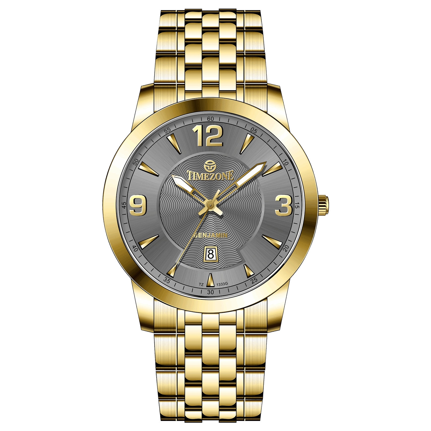 A silver-toned Timezone watch with a gold stainless steel band and casing, featuring a analog display and a date function. Discover timezone watches: elegant branded wrist watches for men in pakistan