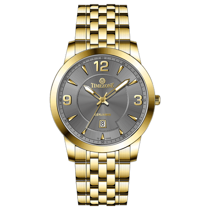 A silver-toned Timezone watch with a gold stainless steel band and casing, featuring a analog display and a date function. Discover timezone watches: elegant branded wrist watches for men in pakistan