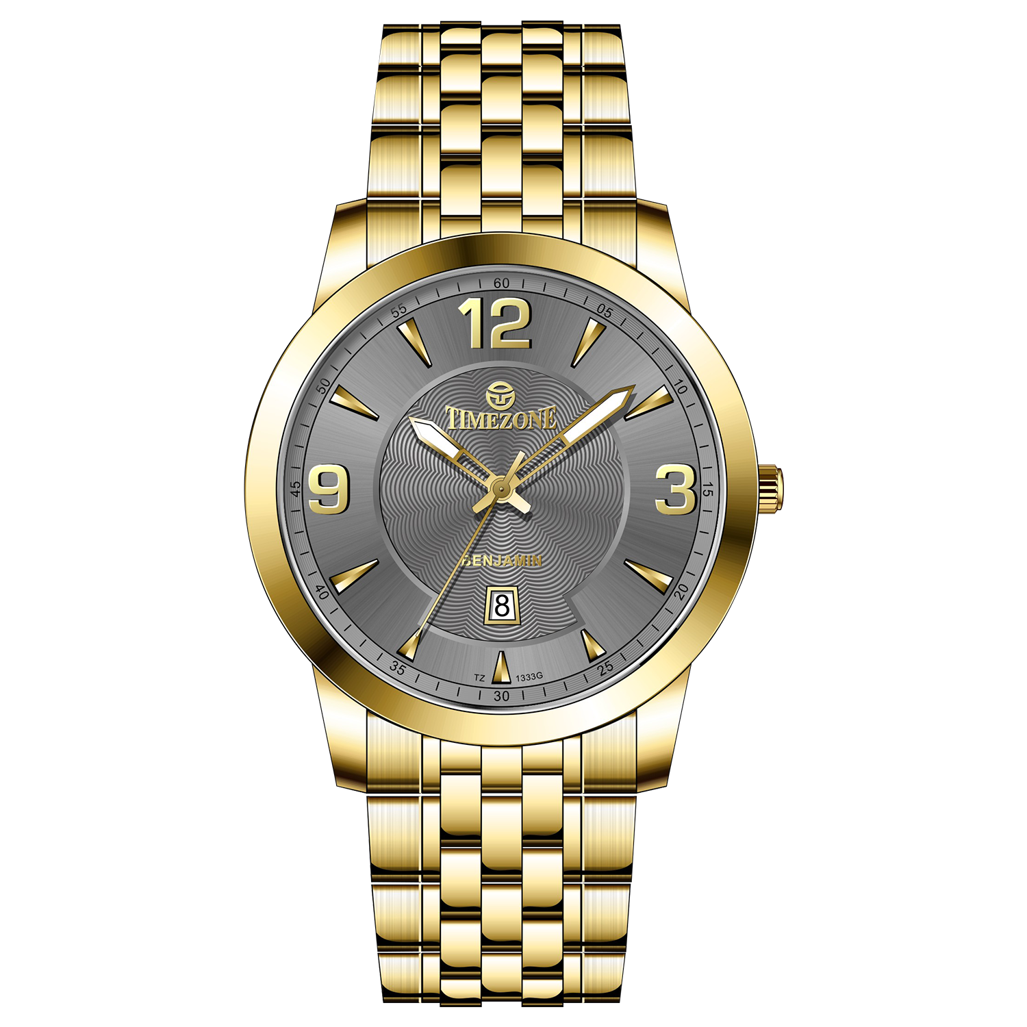 A silver-toned Timezone watch with a gold stainless steel band and casing, featuring a analog display and a date function. Discover timezone watches: elegant branded wrist watches for men in pakistan