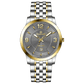 A silver stainless steel Timezone watch with a gold-tone band and dial, featuring a Japanese quartz movement and a date display.