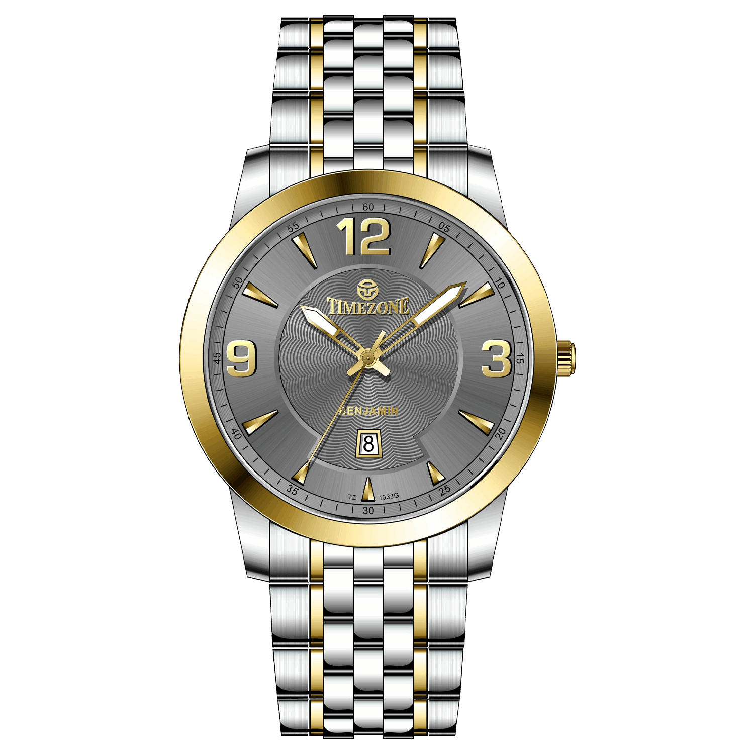 A silver stainless steel Timezone watch with a gold-tone band and dial, featuring a Japanese quartz movement and a date display.