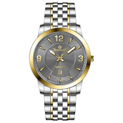 A silver stainless steel Timezone watch with a gold-tone band and dial, featuring a Japanese quartz movement and a date display.