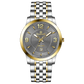 A silver stainless steel Timezone watch with a gold-tone band and dial, featuring a Japanese quartz movement and a date display.