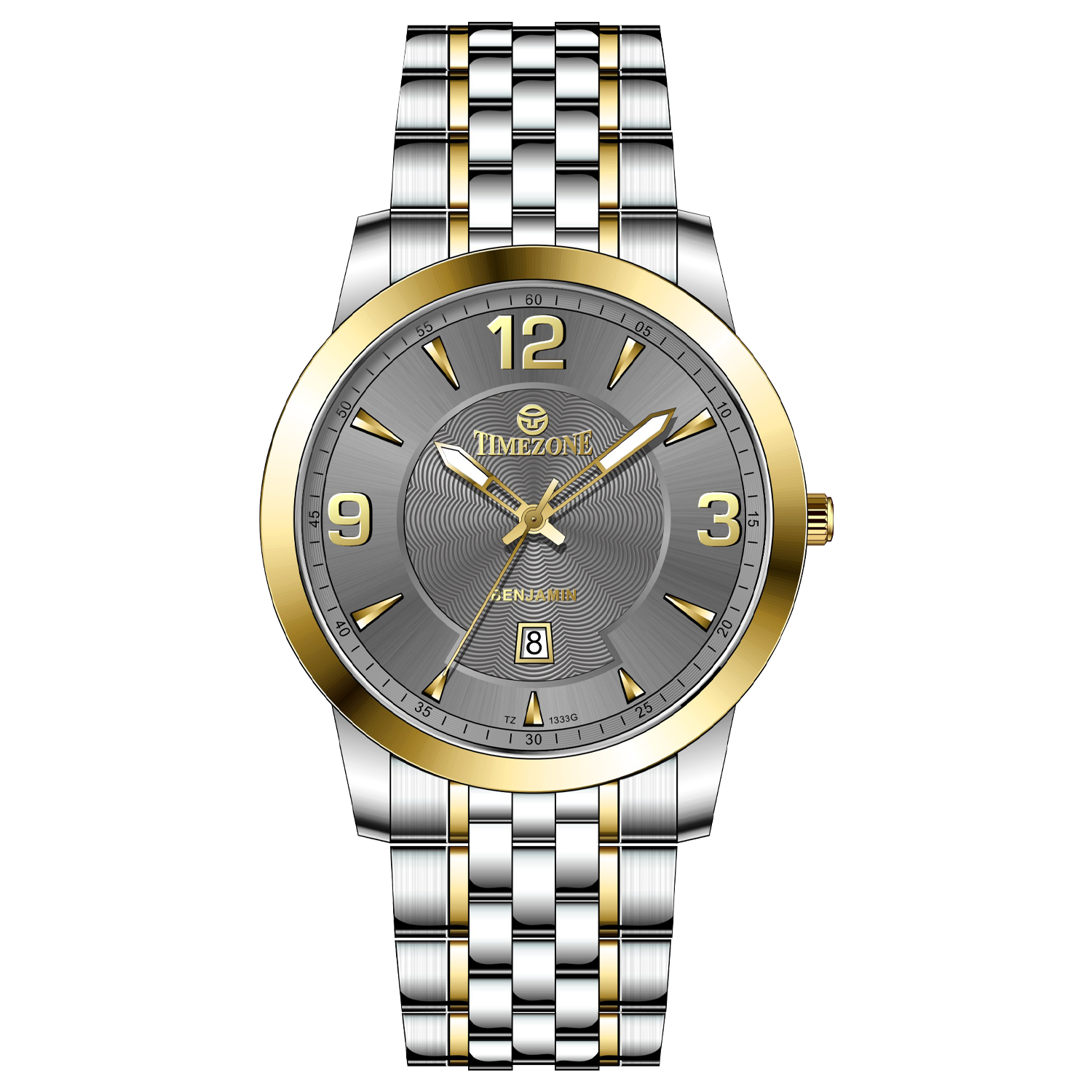 A silver stainless steel Timezone watch with a gold-tone band and dial, featuring a Japanese quartz movement and a date display.