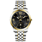 A silver stainless steel Timezone watch with a gold-tone band and dial, featuring a Japanese quartz movement and a date display.