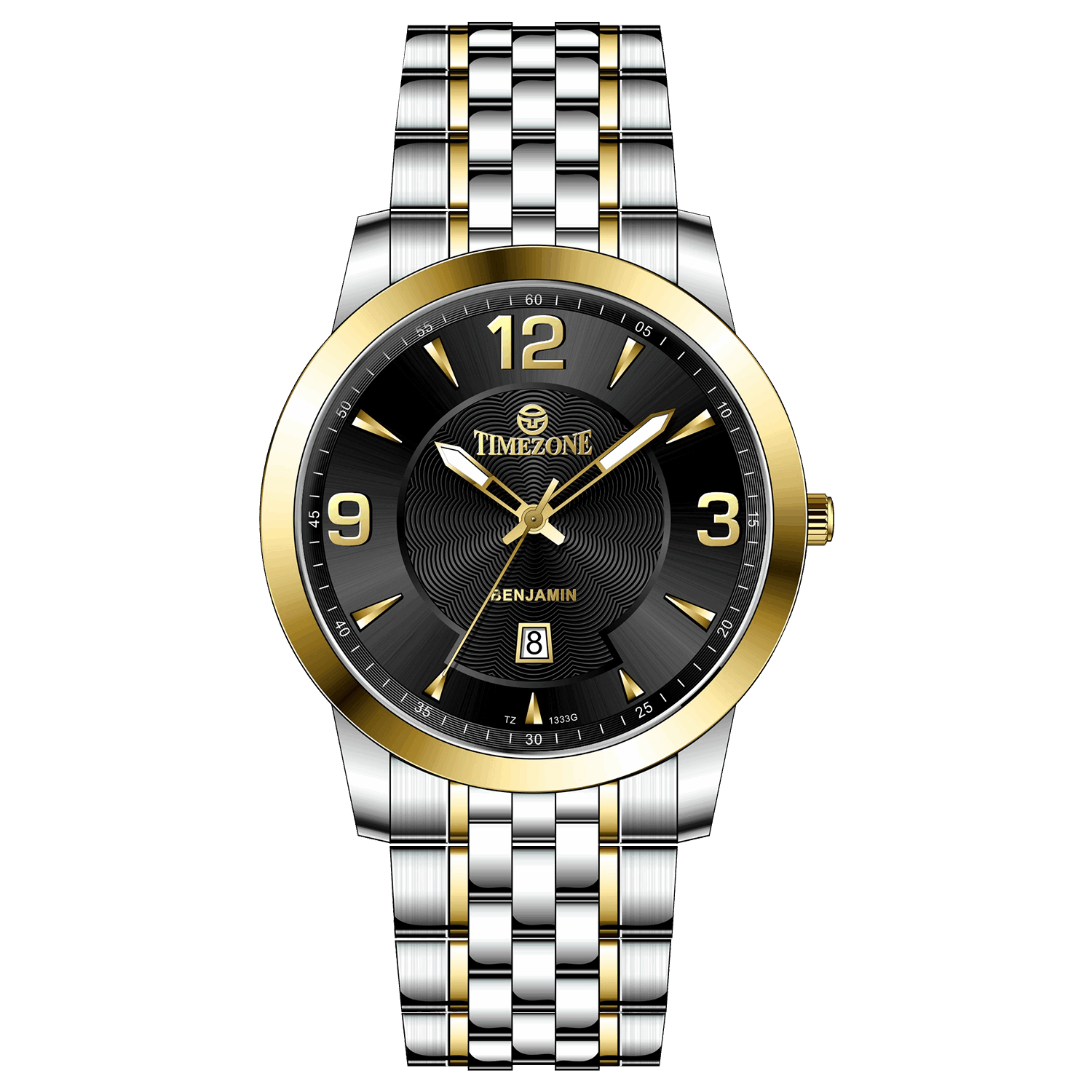 A silver stainless steel Timezone watch with a gold-tone band and dial, featuring a Japanese quartz movement and a date display.