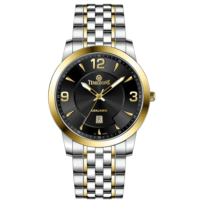 A silver stainless steel Timezone watch with a gold-tone band and dial, featuring a Japanese quartz movement and a date display.