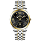 A silver stainless steel Timezone watch with a gold-tone band and dial, featuring a Japanese quartz movement and a date display.