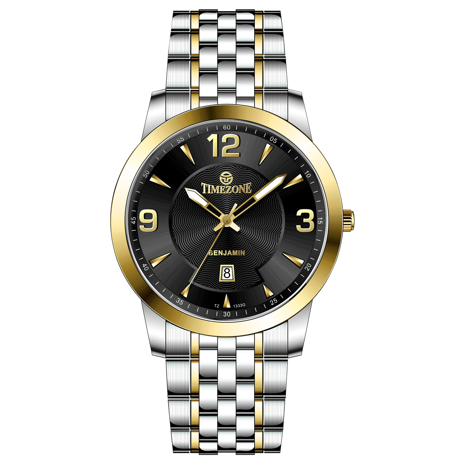 A silver stainless steel Timezone watch with a gold-tone band and dial, featuring a Japanese quartz movement and a date display.