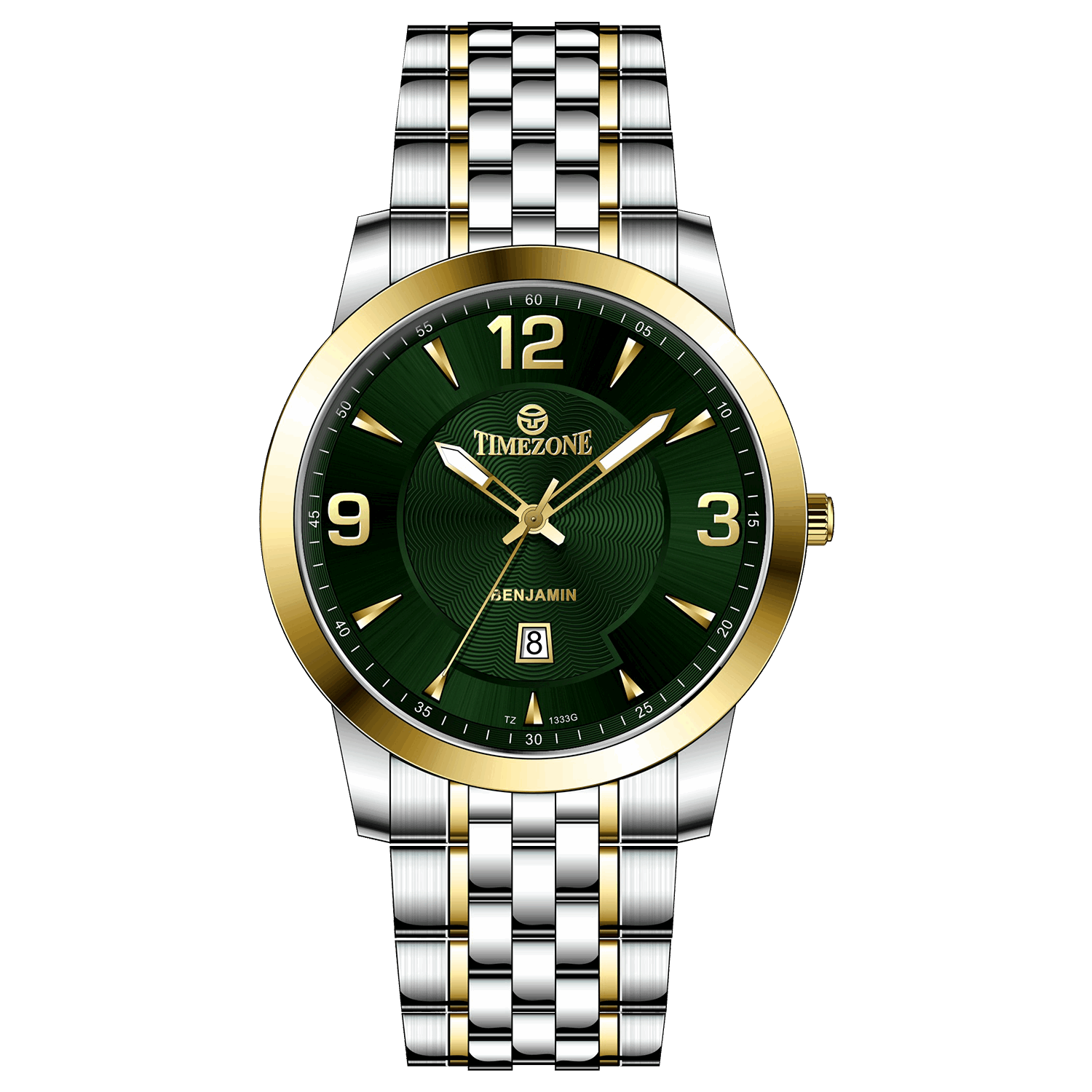 A silver stainless steel Timezone watch with a gold-tone band and dial, featuring a Japanese quartz movement and a date display. Timezone Watches – Premium Branded Wrist Watches for Men in Pakistan