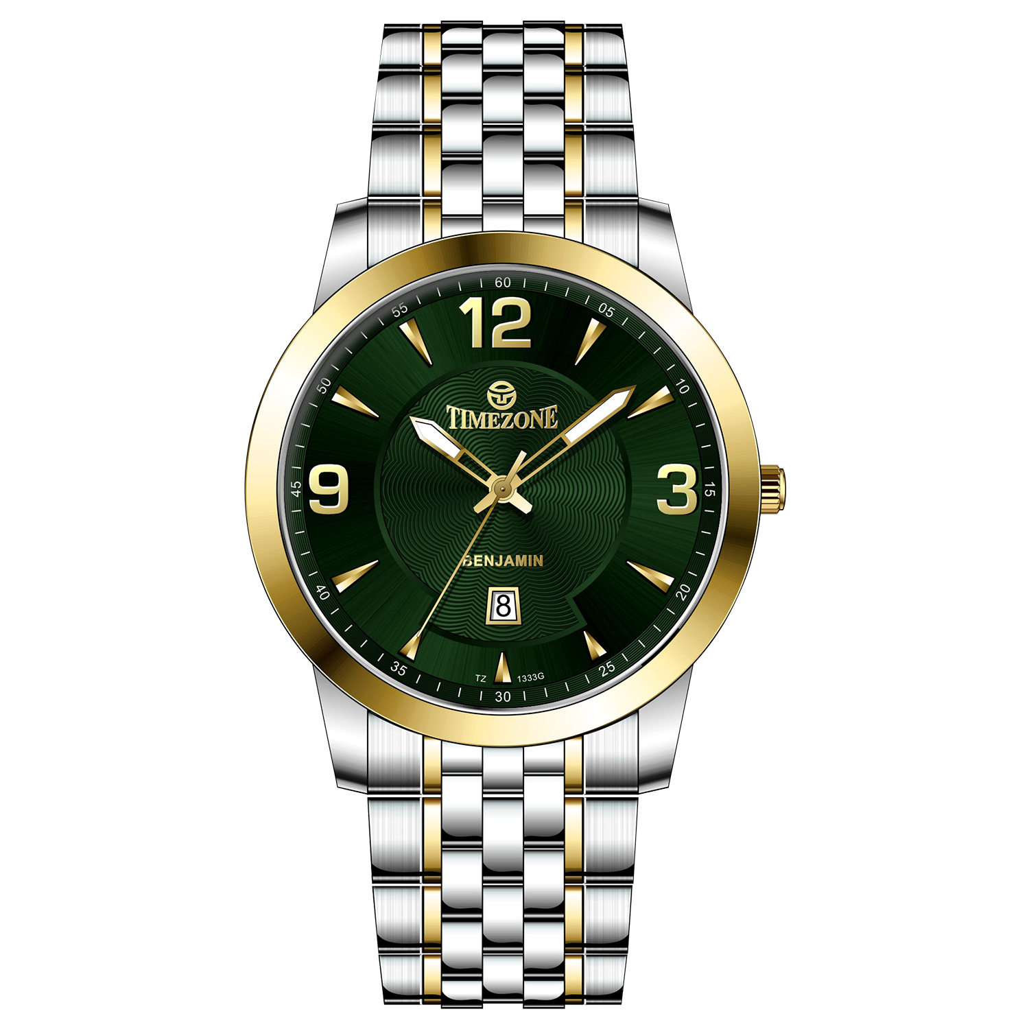 A silver stainless steel Timezone watch with a gold-tone band and dial, featuring a Japanese quartz movement and a date display. Timezone Watches – Premium Branded Wrist Watches for Men in Pakistan
